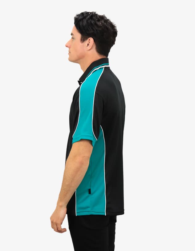 A black polo shirt with teal accents and white piping, featuring a logo on the chest.