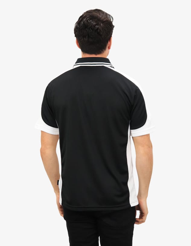 A black and white polo shirt featuring a logo, showing the back view worn by a person.