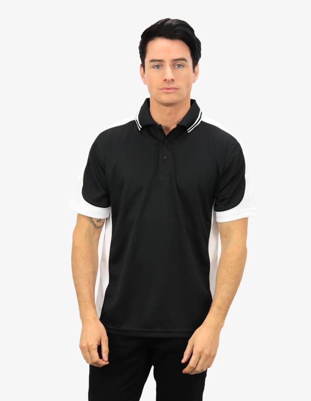 A polo shirt in black with white sleeves and a collar. It features a logo on the chest.