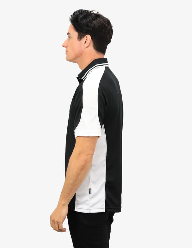 A black and white polo shirt displayed on a model from the side, featuring a logo on the chest.