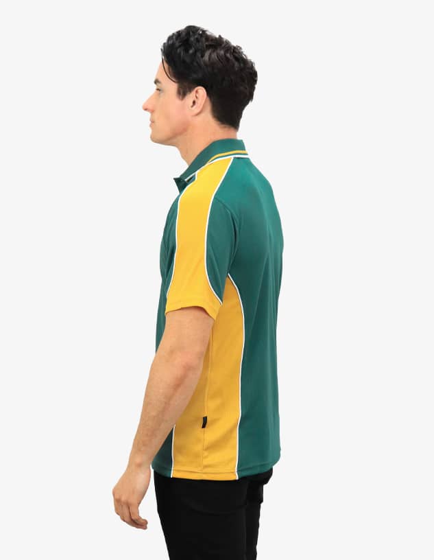 A polo shirt featuring green and gold colours with a logo and a side view of the model wearing it.