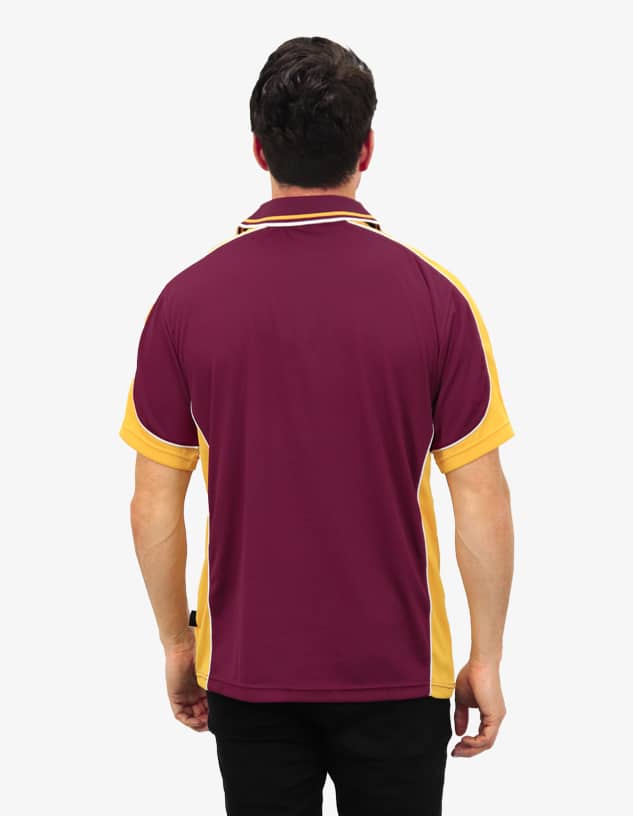 A polo shirt with a maroon body and yellow accents, featuring a logo on the back.