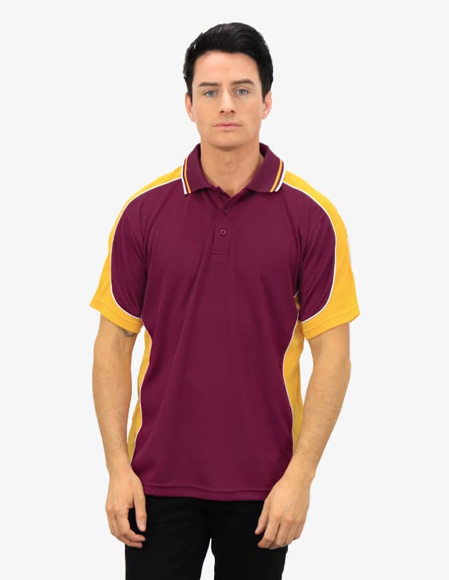 A polo shirt featuring maroon and yellow colours, with a branding logo on the chest.