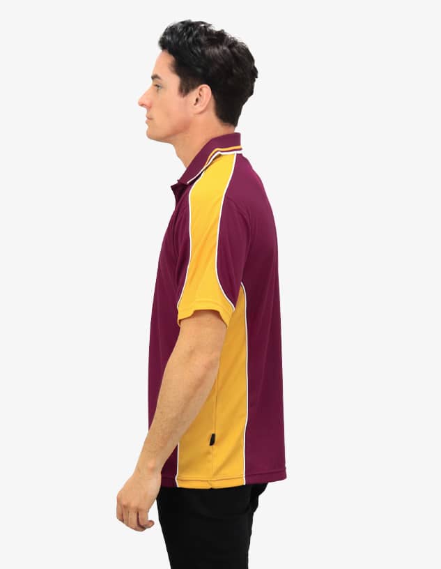 A maroon and gold polo shirt with a logo, featuring a side view of a model wearing it.