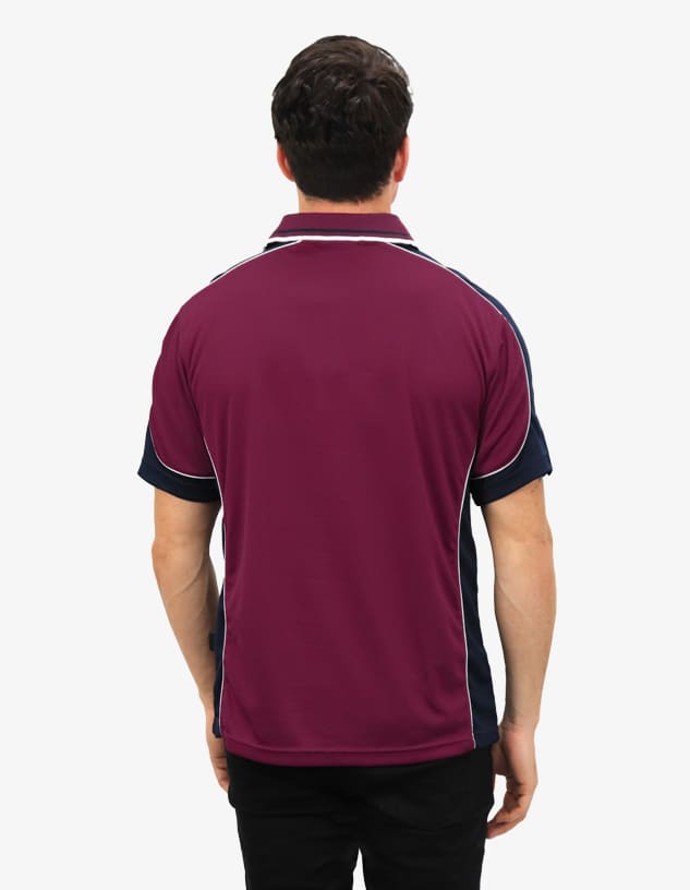 A maroon and navy polo shirt with contrasting details, featuring a subtle logo.