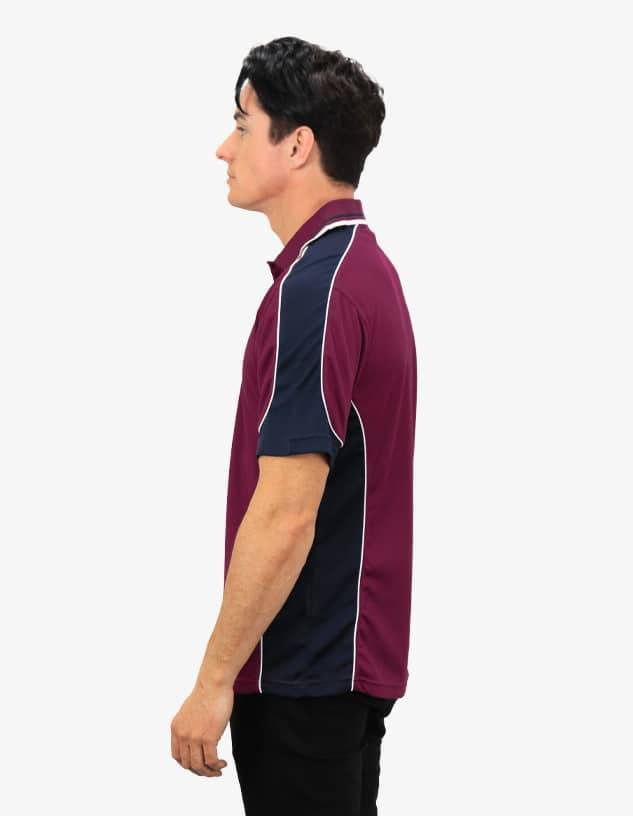 A polo shirt featuring a maroon and navy colour scheme, with white piping and a logo.