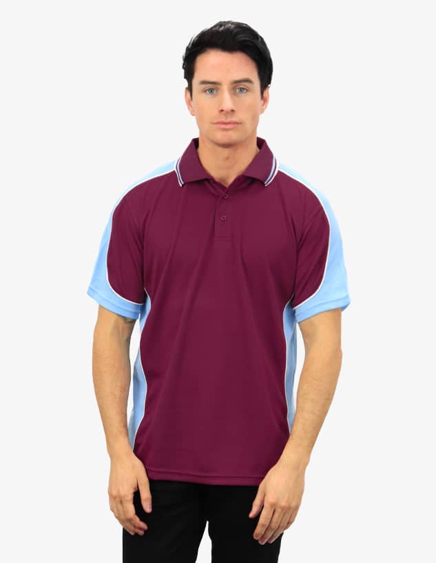 A polo shirt featuring a maroon body with light blue sleeves, complete with a logo on the chest.