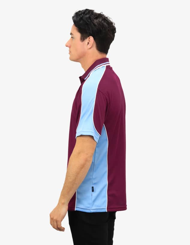 A polo shirt featuring maroon and light blue colours with a branded logo. The shirt has a classic collar and short sleeves.