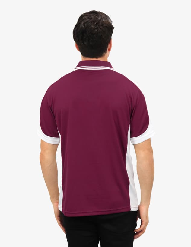 A polo shirt in maroon with white accents, featuring a logo on the back.
