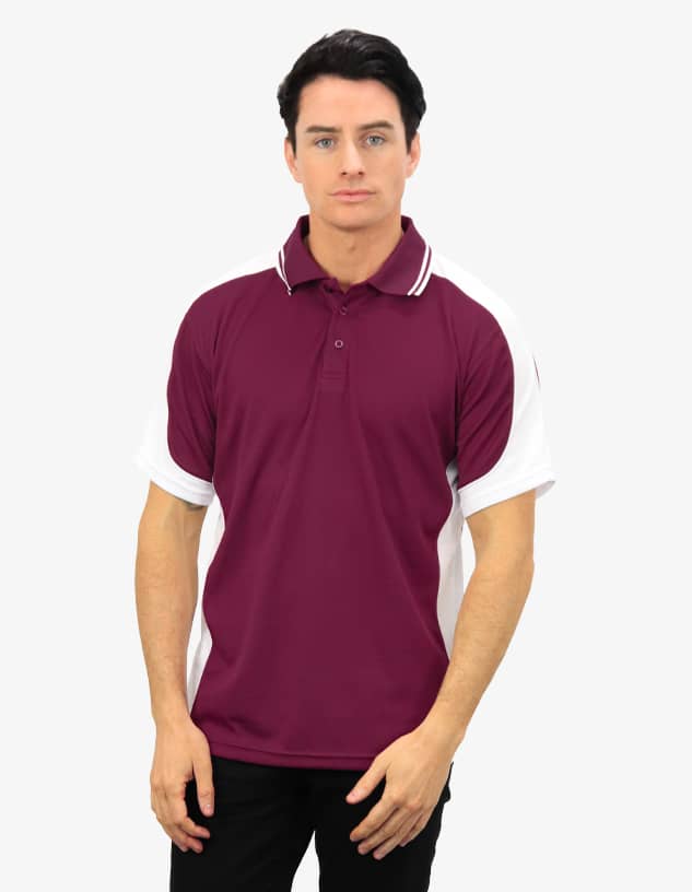 A maroon and white polo shirt with a logo, featuring short sleeves and a button-up collar.