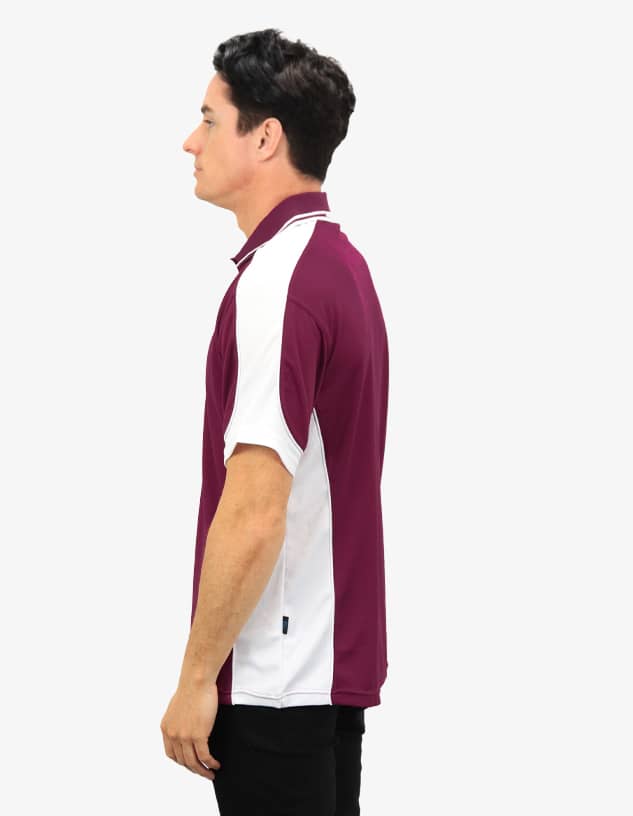 A polo shirt featuring a maroon and white colour scheme, with a logo on the front.