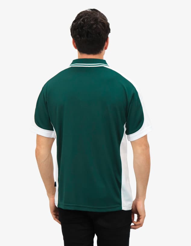 A green and white polo shirt featuring a logo, viewed from the back.