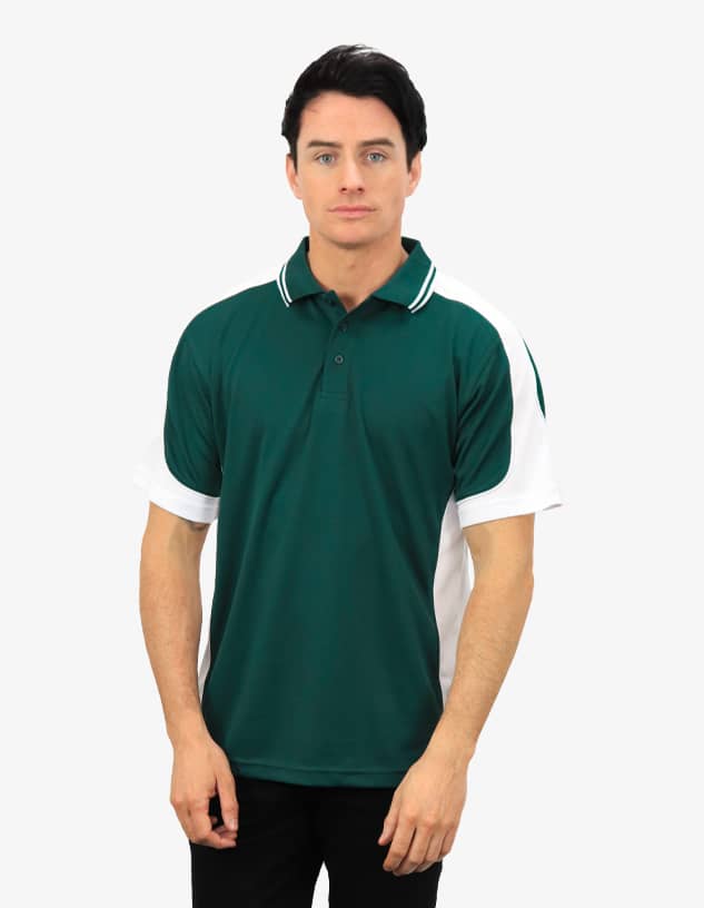 A green and white polo shirt featuring a logo, displayed on a model.