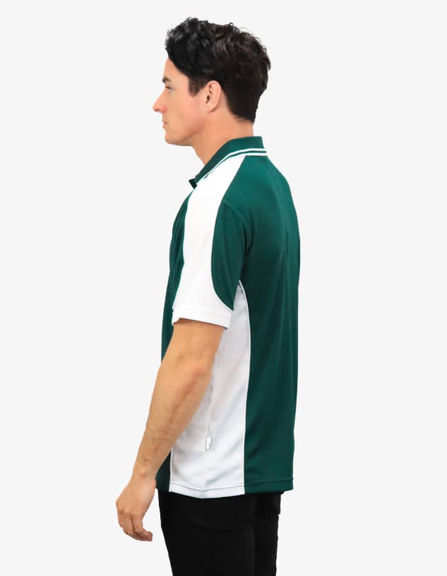 A polo shirt in dark green and white with a logo on the chest, displayed from the side.