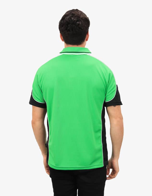 A polo shirt featuring a green body with black side accents and a collar. The shirt has a logo on it.