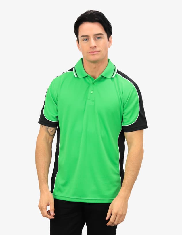 A green and black polo shirt with a logo, featuring short sleeves and a collar.