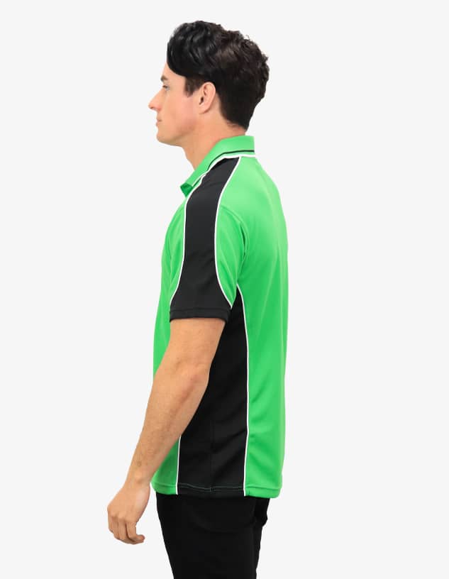 A green and black polo shirt with contrasting side panels and a logo.