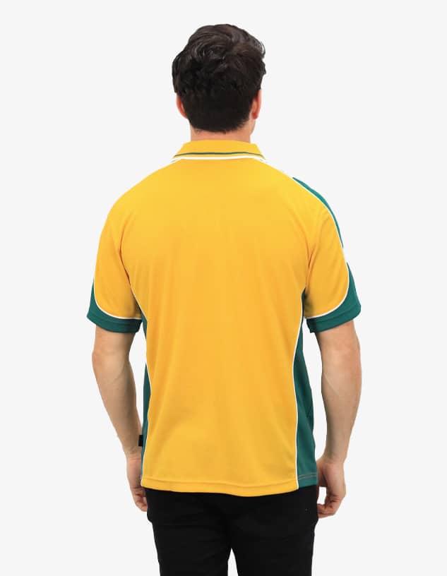 A polo shirt in yellow with green detailing and a logo, featuring a classic collar and short sleeves.
