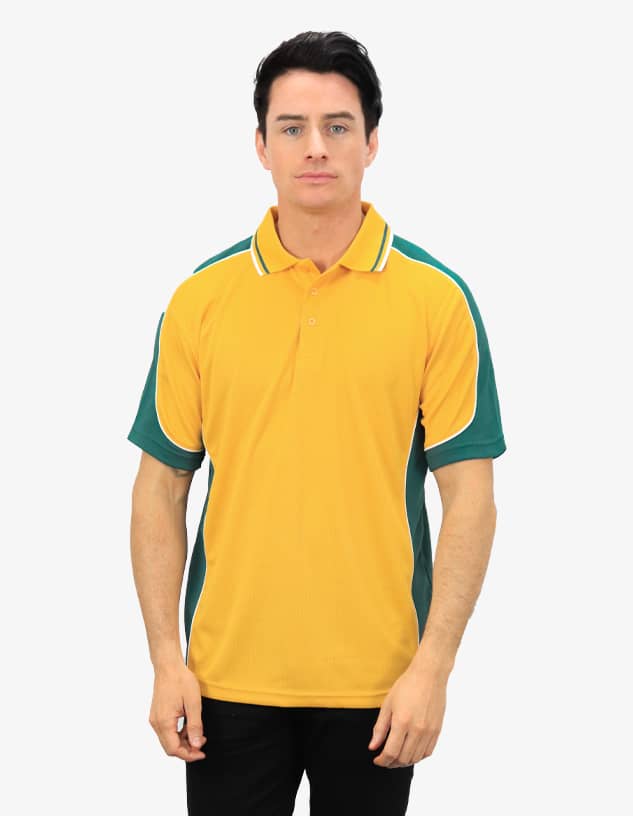 A polo shirt in yellow with green accents, featuring a logo on the chest.