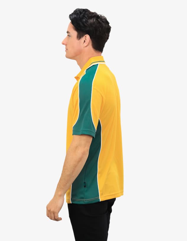 A side view of a polo shirt in golden yellow with green side panels and a discreet logo.
