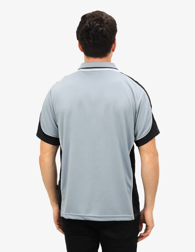 A polo shirt in grey and black with a logo on the back.