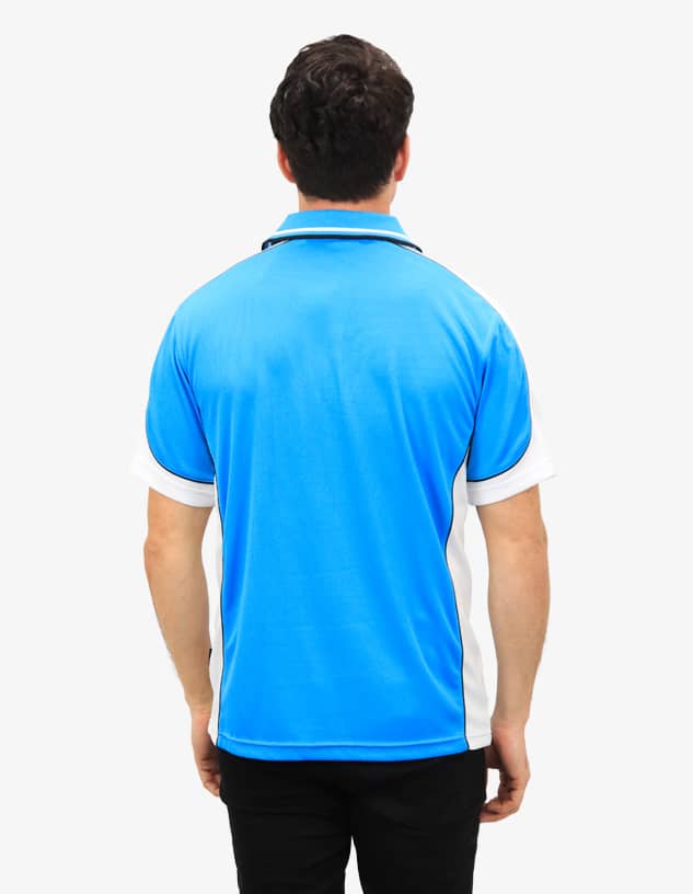 A polo shirt in blue with white sides and a collar, featuring a logo on the back.