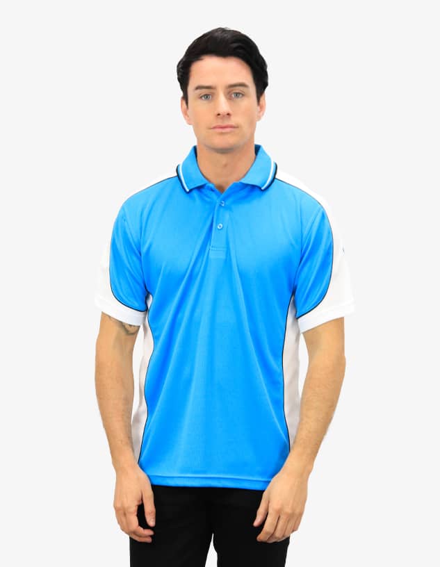 A blue and white polo shirt with a logo, featuring a classic collar and short sleeves.