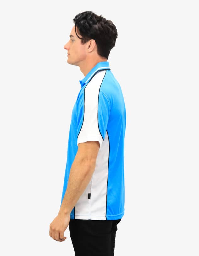A blue and white polo shirt featuring a logo, displayed on a mannequin from the side.