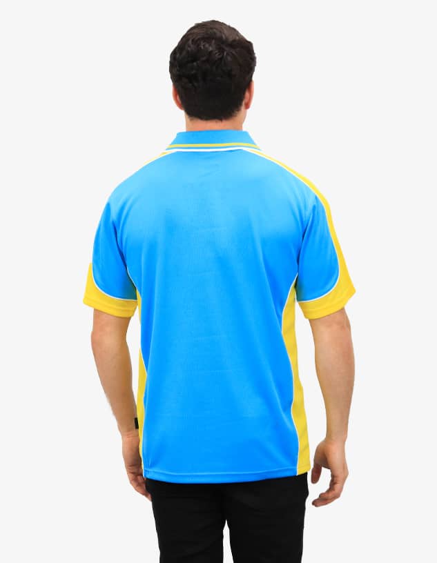 A polo shirt featuring a blue body with yellow sleeves and trim, showcasing a branded logo on the back.