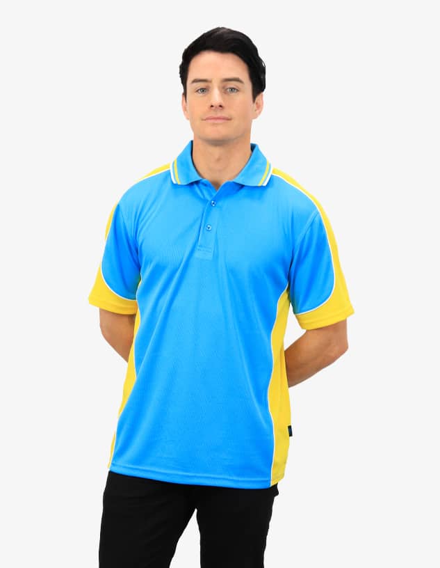 A polo shirt in blue and yellow with a logo on the chest, featuring short sleeves and a collar.