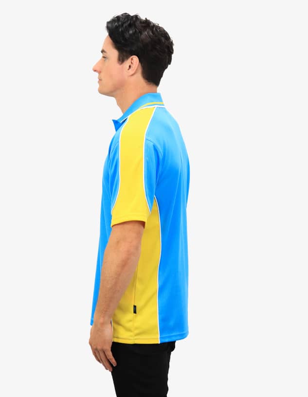 A polo shirt featuring a blue and yellow design, with a logo on the front.