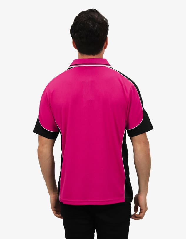 A polo shirt in vibrant pink with black accents and a logo on the back.