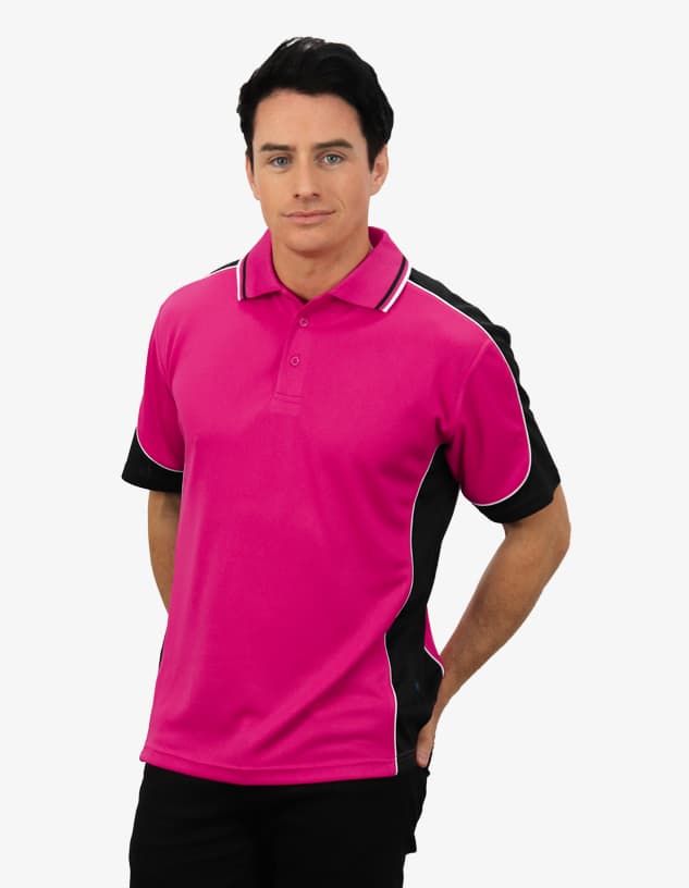 A pink and black polo shirt with contrasting trim, featuring a branded logo on the front.