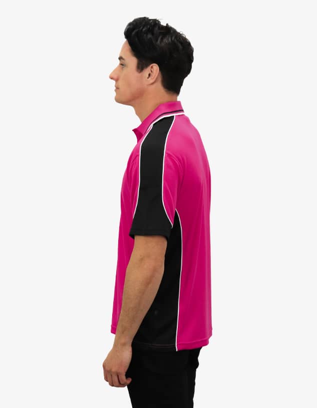 A pink and black polo shirt with contrasting side panels and a collar. It features a logo.
