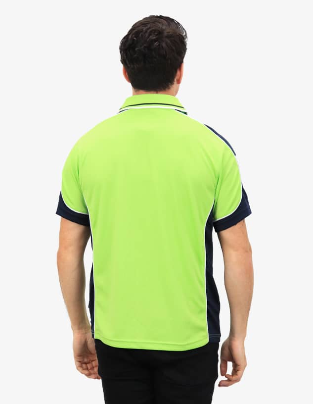 A polo shirt in bright green and navy, featuring a logo on the back.