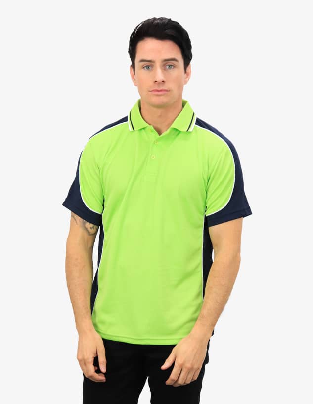 A polo shirt in bright green with navy blue sides, featuring a logo on the chest.