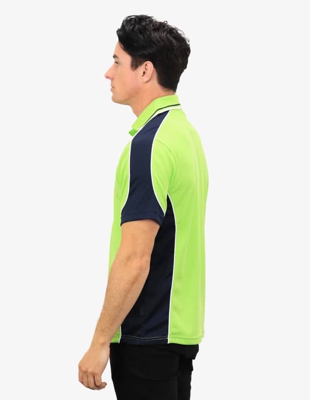 A polo shirt in bright green with navy blue accents, featuring a logo on the chest.