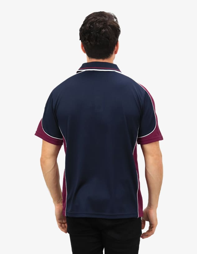 A polo shirt featuring navy and maroon colours with contrasting piping and a logo on the back.