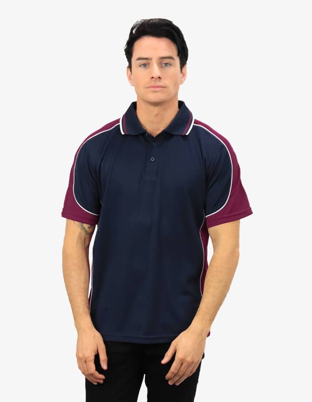 A navy and maroon polo shirt with a branded logo, featuring short sleeves and contrasting piping.
