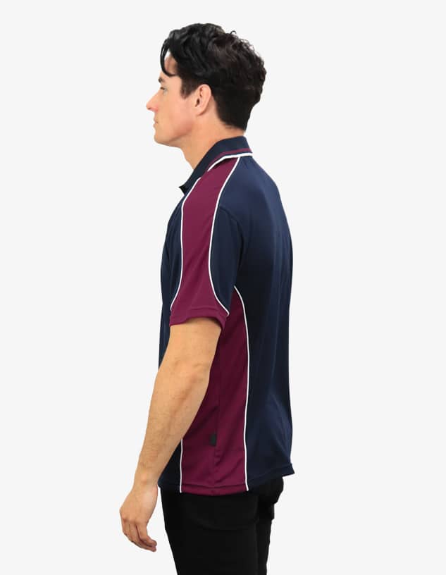 A navy and maroon polo shirt with contrasting trim and a small logo.