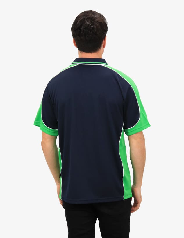 A polo shirt featuring a navy blue body with green accents and a logo on the back.
