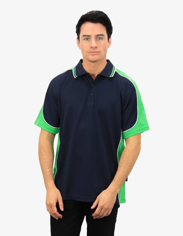 A navy blue polo shirt with green accents and a logo on the chest. Features a classic collar and short sleeves.