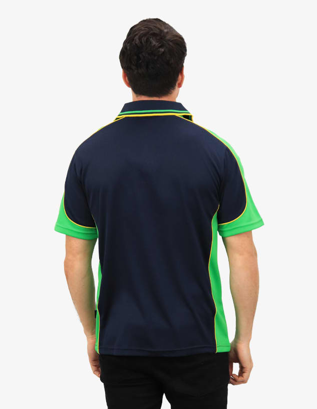 A navy blue and green polo shirt with contrasting piping and a branding logo on the back.