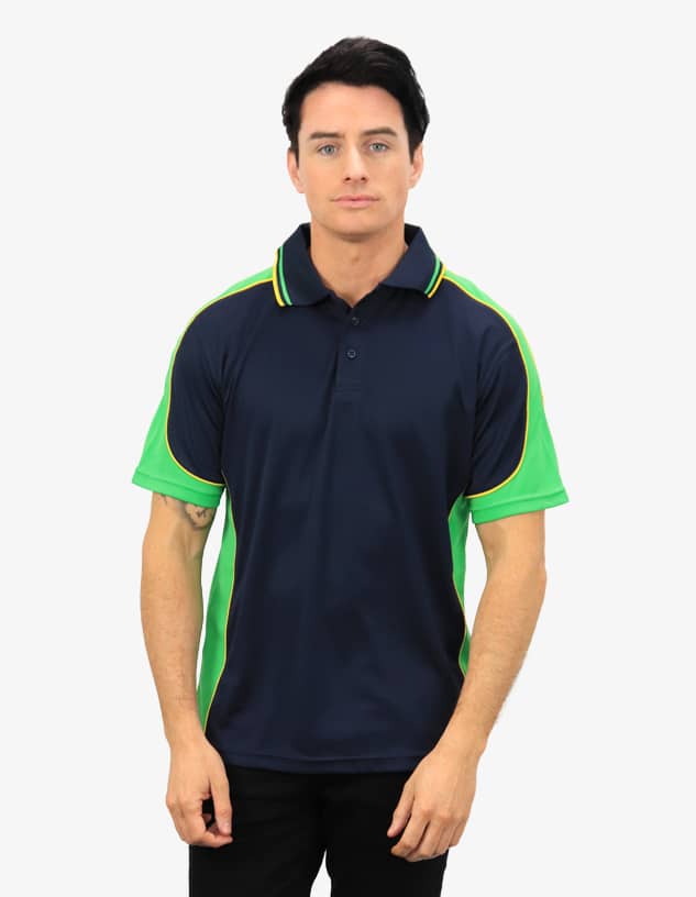 A navy blue polo shirt with green accents, featuring a collar and short sleeves. It has a logo on the chest.