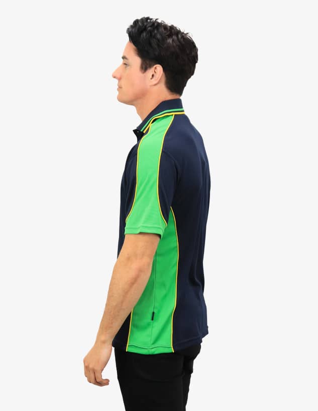 A navy and green polo shirt with contrasting detailing and a logo on the chest.