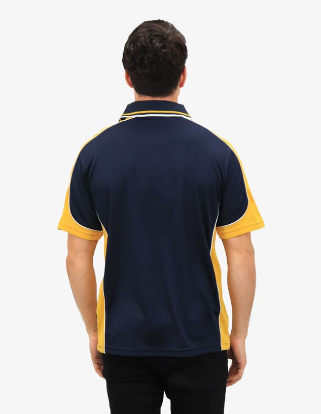 A navy and yellow polo shirt featuring contrasting colours and a logo on the back.