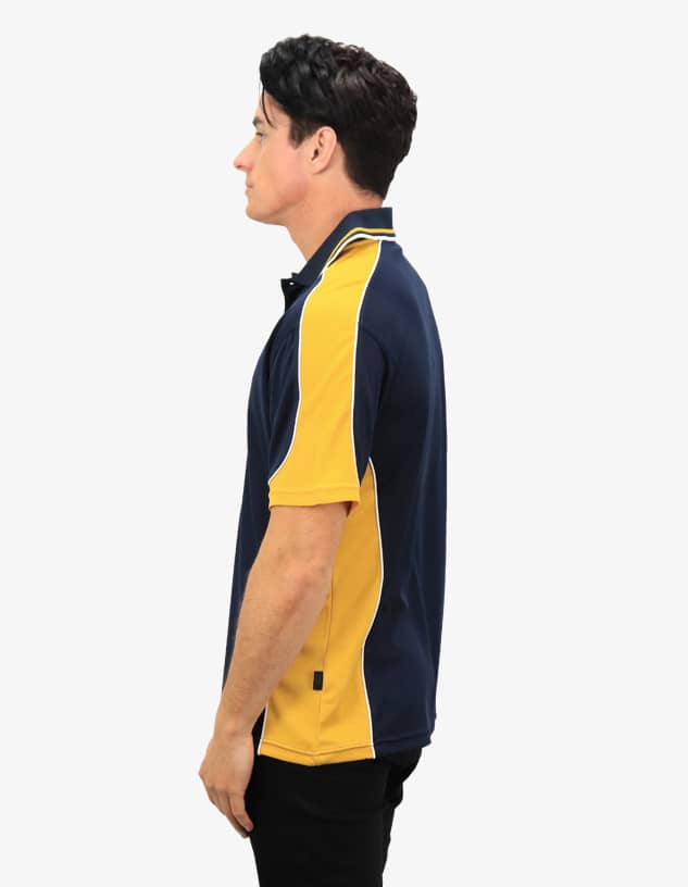 A navy and gold polo shirt displayed on a model from a side view. The shirt features a logo.