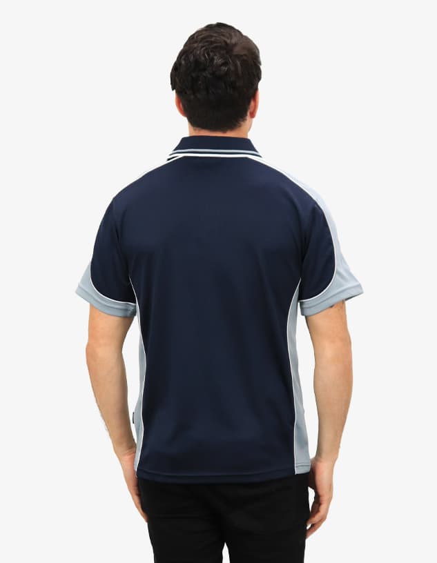 A polo shirt in navy blue with light grey trim and a logo on the back, featuring a classic collar and short sleeves.
