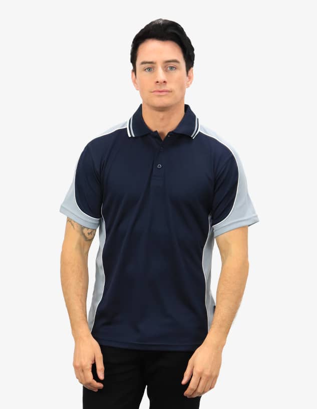 A navy blue polo shirt with grey accents and a logo. Short sleeves and a classic collar design.