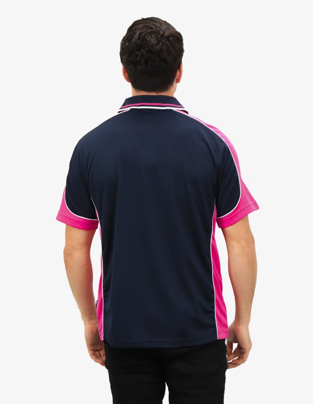 A polo shirt featuring a navy body with pink accents and a logo on the back.